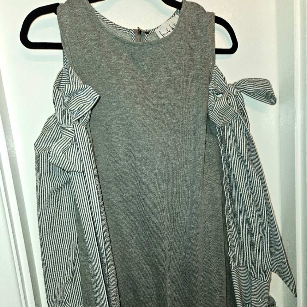 Chic Gray Cold Shoulder Dress with Striped Bows- Nicole Miller